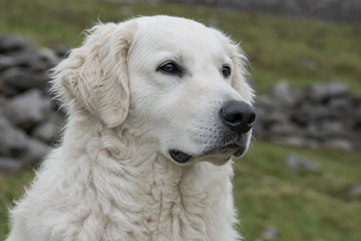 Porträt eines erwachsenen Kuvasz mit wachsamem, aufmerksamem Ausdruck