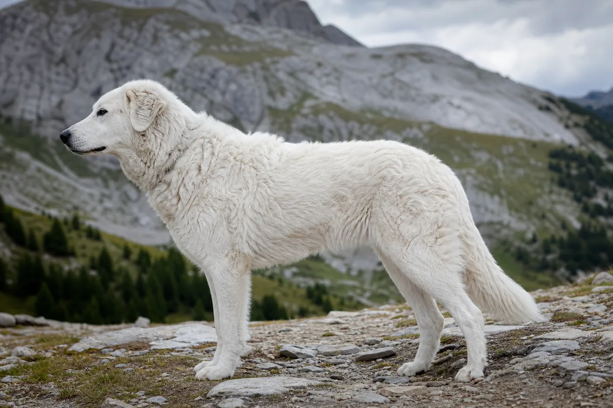 Erwachsener Kuvasz im Profil auf einem Bergpfad, das dichte weisse Fell des Rassestandards sichtbar