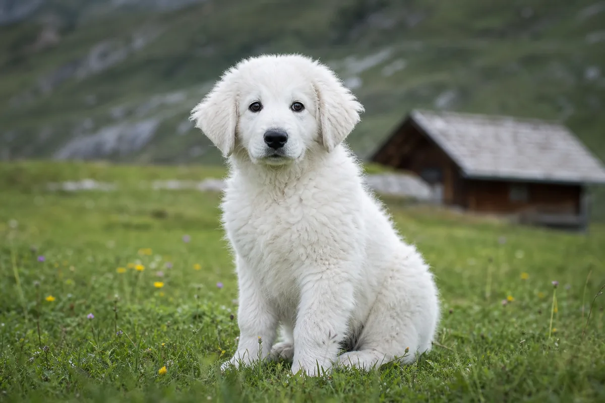 Weisser Kuvasz-Welpe sitzt auf einer Alpwiese vor einer Berghütte